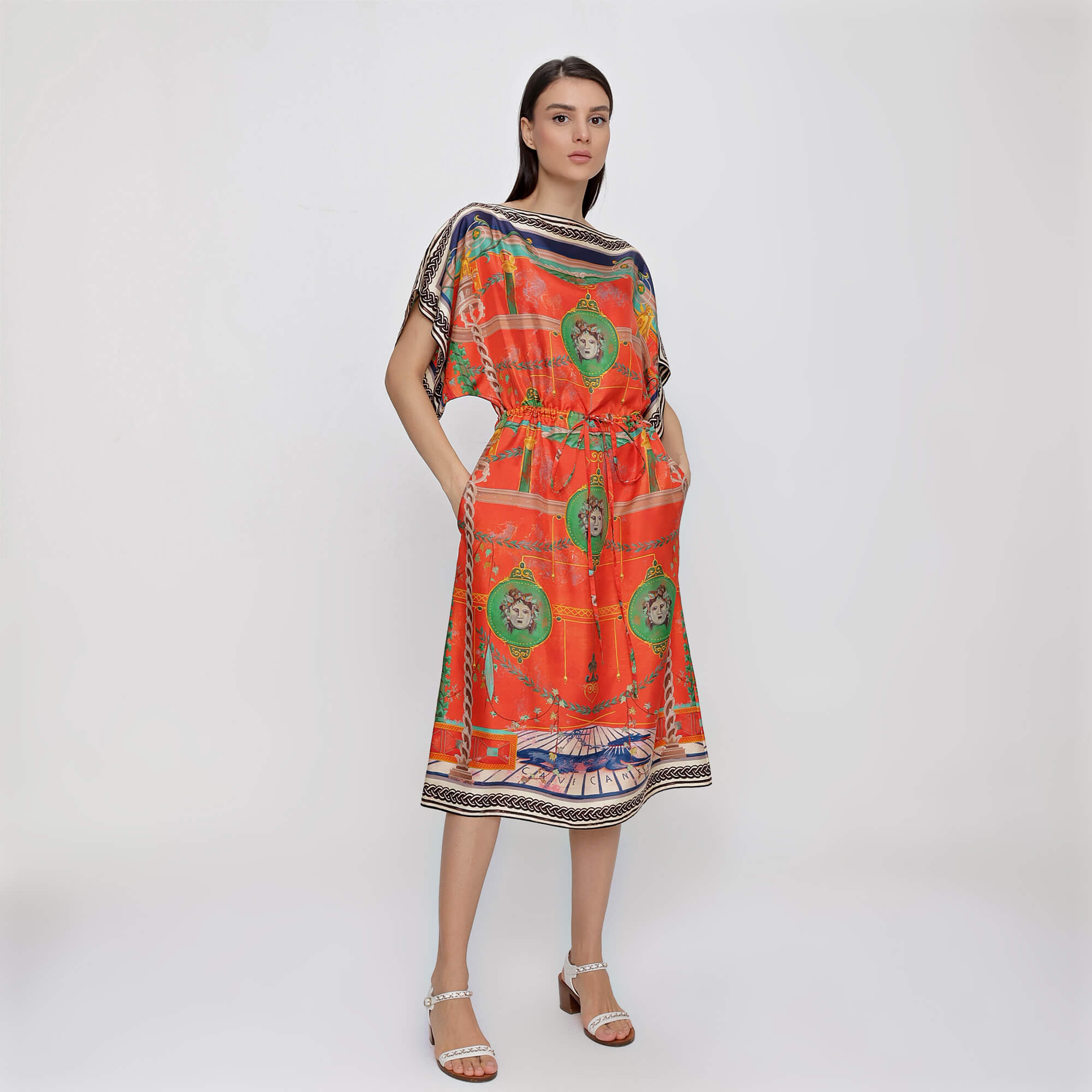 Gucci - Orange Silk Graphic Print Drawstring Waist Mid Length Dress